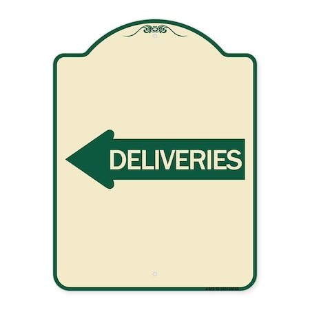 Signmission Deliveries With Left Arrow Heavy-Gauge Aluminum Architectural Sign, 24" x 18", TG-1824-24363 A-DES-TG-1824-24363